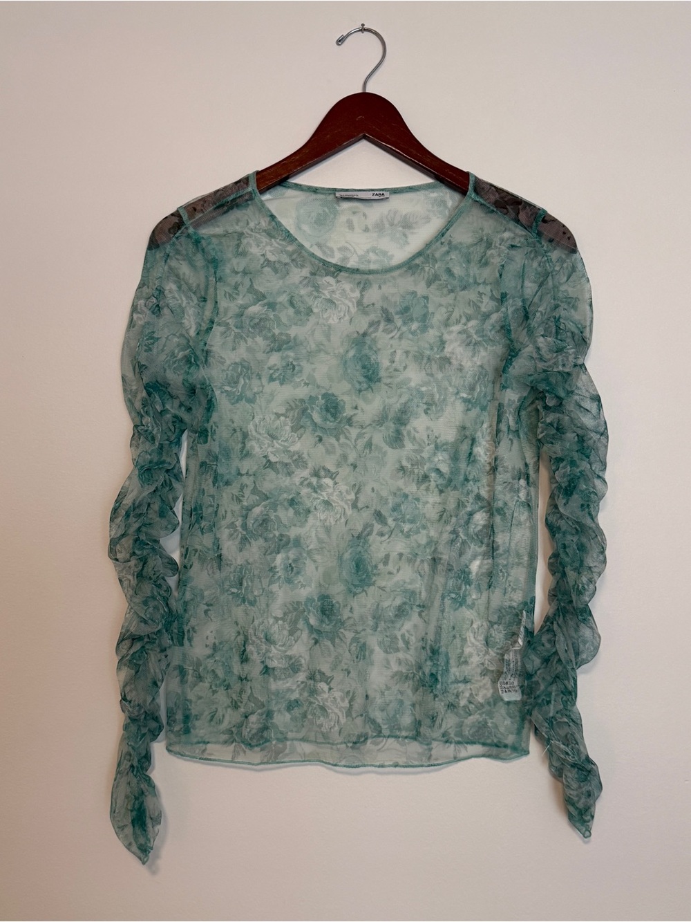 Zara Top MED Y2K Sheer Mesh Floral Blouse Ruched Fairy Grunge Layer Feminine